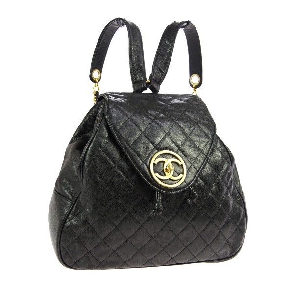 CHANEL Quilted CC Chain Backpack Bag Black Caviar Skin