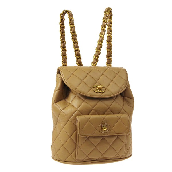 CHANEL Quilted CC Chain Backpack Bag Beige Leather
