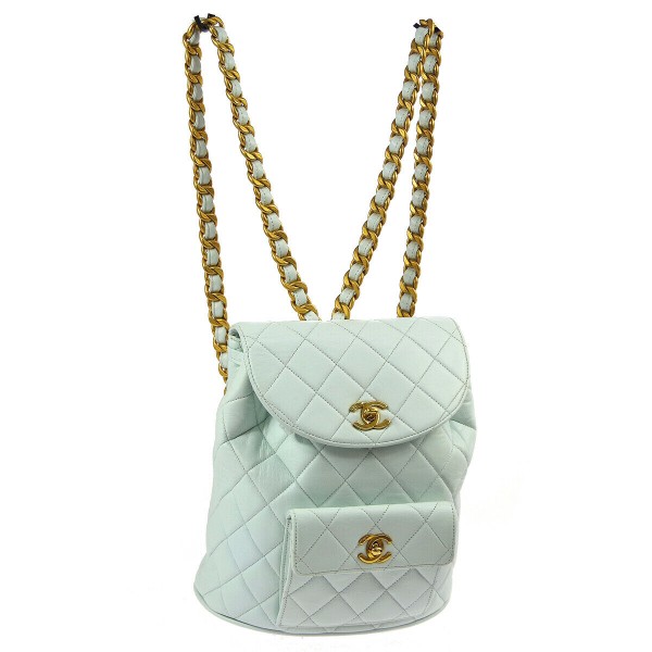 CHANEL Quilted CC Chain Drawstring Backpack Bag Light Blue Leather
