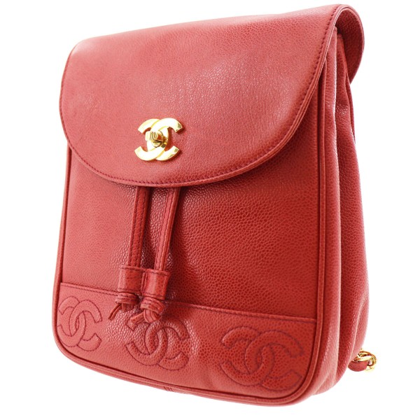 CHANEL CC Logos Backpack Red Caviar Skin Leather