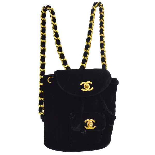 CHANEL Quilted CC Chain Drawstring Backpack Bag Black Velvet