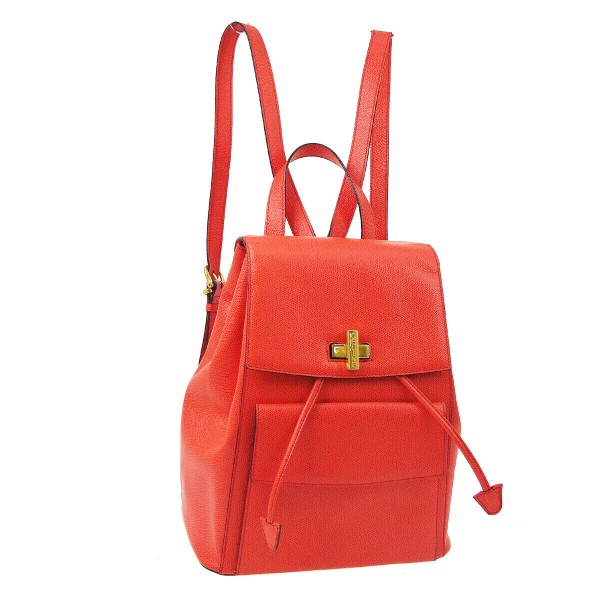 CELINE Logos Backpack Hand Bag M95* Orange Leather