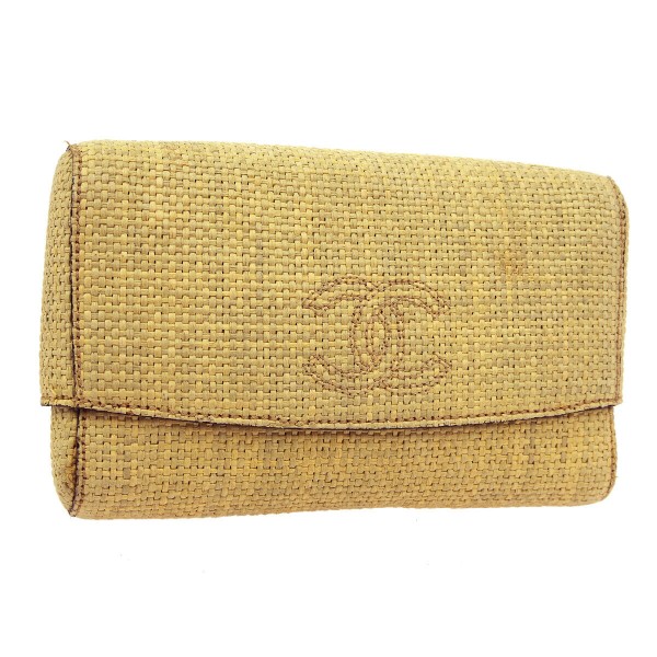 CHANEL CC Logos Clutch Hand Bag Pouch Purse Beige Linen