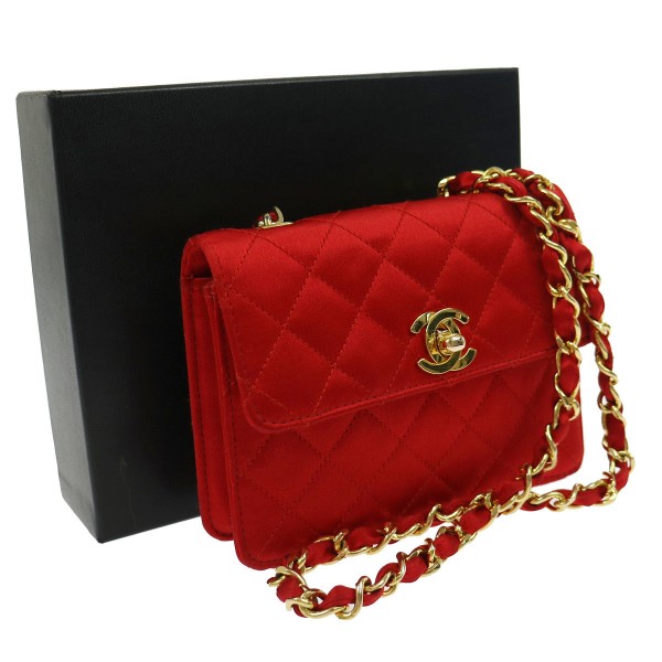 Authentic CHANEL Quilted Chain Shoulder Bag Red Satin GOOD