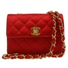 Authentic CHANEL Quilted Chain Shoulder Bag Red Satin GOOD
