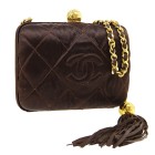 CHANEL Quilted Fringe CC Chain Party Shoulder Bag Brown Satin Leather