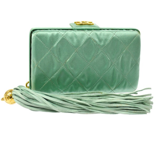 CHANEL Quilted CC Fringe Clutch Bag Pouch Light Blue Satin