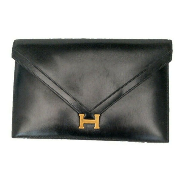 Authentic Hermes Black Lydie Clutch Shoulder Bag Box Leather