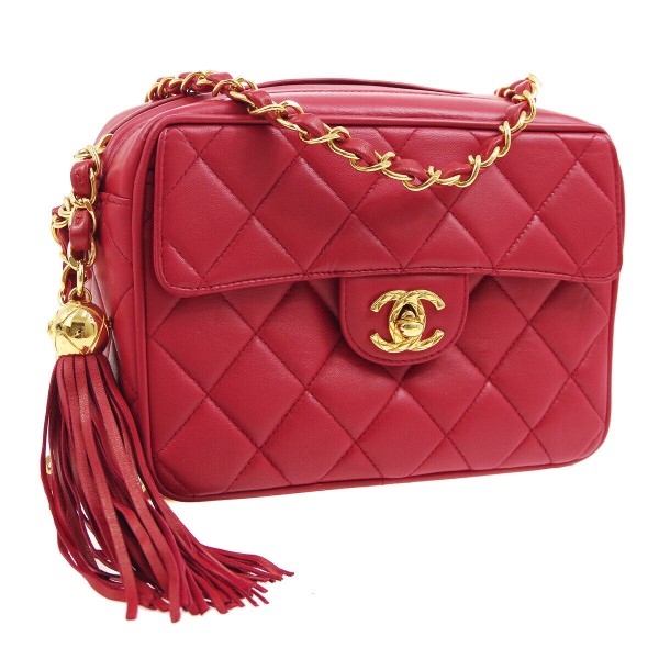 CHANEL Quilted Fringe CC Single Chain Shoulder Bag Red Leather