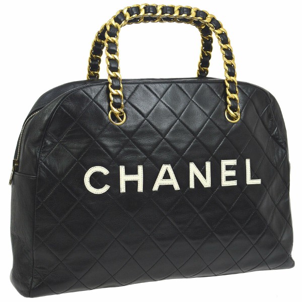 CHANEL Quilted CC Chain Handle Hand Bag Black Leather