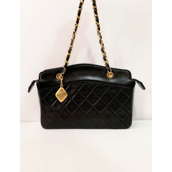 CHANEL Black Leather QUILTED Bag With CC CHARM