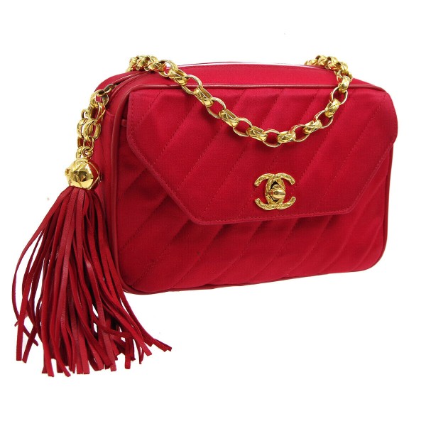 CHANEL Quilted Fringe CC Purse Red Satin